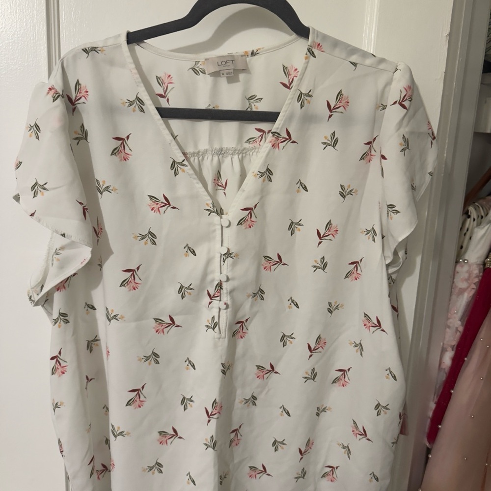 LOFT White Blouse with Pink Floral Pattern
